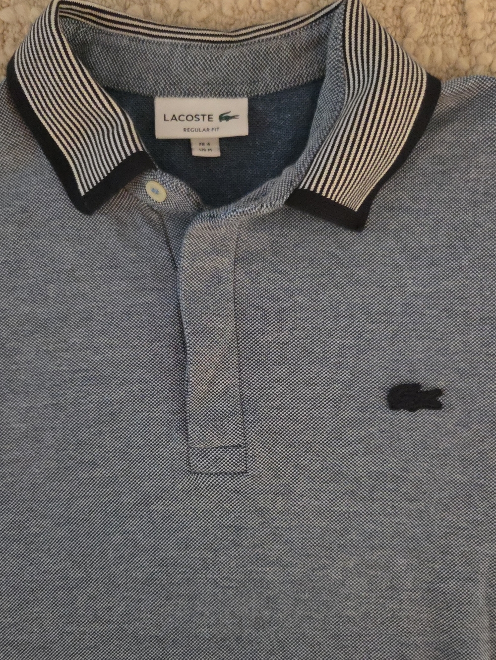 Lacoste Regular Fit Textured Polo Shirt Blue White Striped Collar Men's FR 4 US